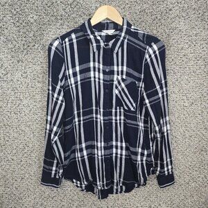 Lucky Brand Top Womens Medium Blue Plaid Button‎ Up Cotton Blend Casual